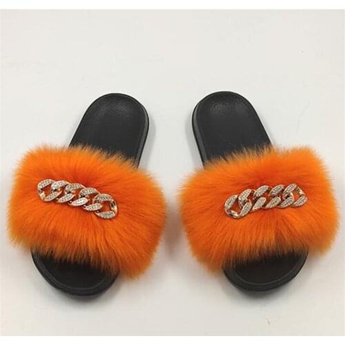 Wholesale Girls Fake Fox Fur Slippers Womens Plush Faux Fur Slides Fashion Chain Fur Flip Flops Female Summer Designer Sandals