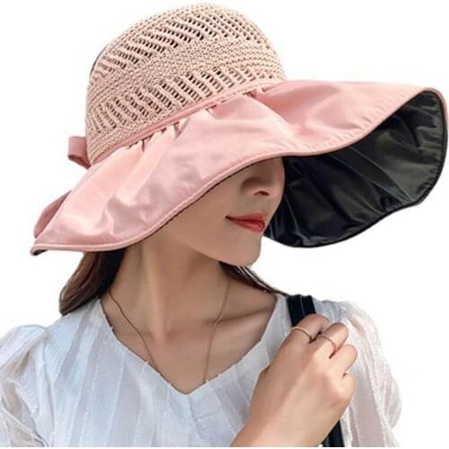 Big-Brimmed Fishermans Hat sun Block Cap UV Black Glue Hollow Top Hat Sun Block Face Beach Hollow Straw Hat
