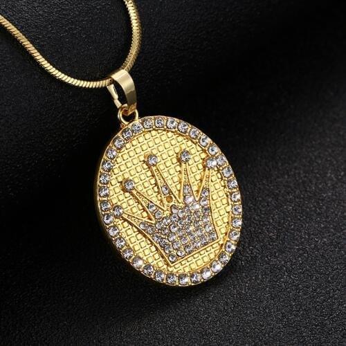 Stylish and exquisite King crown pendant necklace hip hop gold charm rhinestone necklace 70CM long chain oval