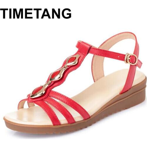 TIMETANG2021Newest Fashion Summer Leather Sandals Women Shoes Flat Soft Bottom Wedge Sandals Comfortable Large Size Women Casual