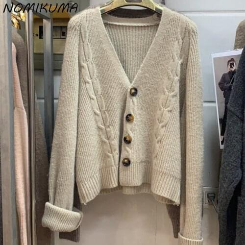 Nomikuma Short Cardigan Sweater Korean Twisted Long Sleeve V-neck Knitted Coat Autumn Winter 2021 New Knitwear Outwear 6K895