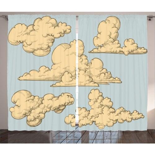 Vintage Clouds Curtains Retro Comic Book Style Fluffy Satin Fabric Drapes for Living Room Bedroom 2 Panel Window Set
