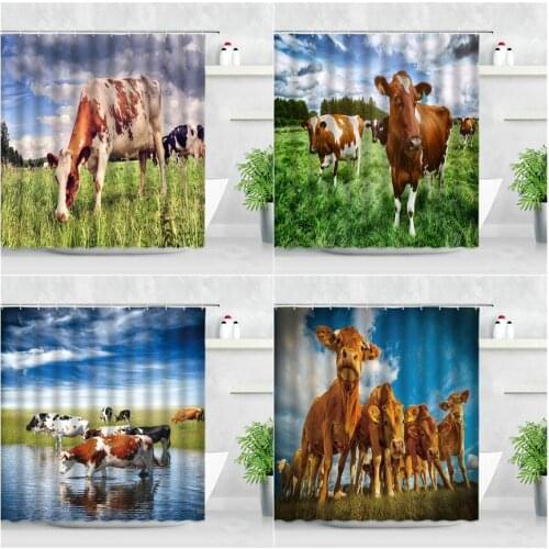3D Pasture Cow Shower Curtains Blue Sky Farm Animals Grassland Natural Scenery Modern Home Decor Waterproof Bathroom Curtain Set