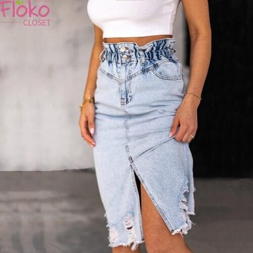 Flokocloset Summer Elastic Waist Split Knee Length Denim Skirts Vintage High Waist Holes Ripped Button Pencil Skirts