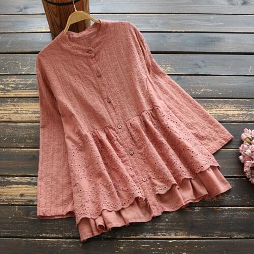 7310 New Spring Women Blouse Cotton Embroidery Double Hem Literary Long Sleeve Stand Collar Solid Color Shirt Tops