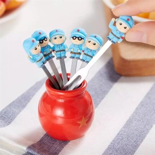 6 PCS/Set Christmas Cute Mini Cartoon Solider Forks Stainless Steel Stirring Fruit For Kids Dessert Coffee Handle Party Supplies