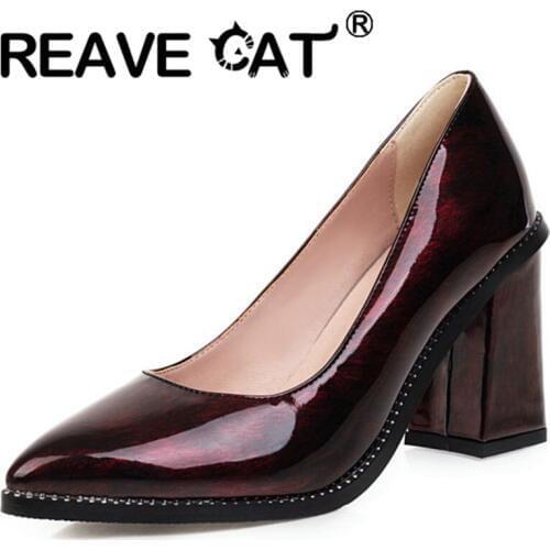 REAVE CAT Woman Elegant Mature Spring Autumn Pumps Pointed Toe 8.5cm Square Heels Slip on Patent Leather Casual Party A3060