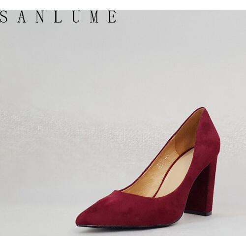 SANLUME Autumn Suede Chunky Pumps Women Sexy Office Shoes Woman High Heels Career Genuine leather Slip On Pointed Toe Block Heel