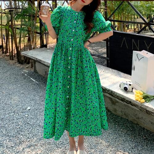 Vintage Summer Floral Dresses Women Green O-neck Print Puff Sleeve Dress Sweet Vintage Loose Waist Ladies Dress Vestidos 15686