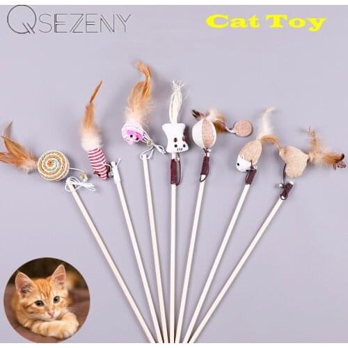 1pc Cartoon Pet Cat Teaser Toys Feather Wood Rod Mouse Toy With Mini Bell Cat Catcher Teaser Wooden Stick Cat Interactive Toys