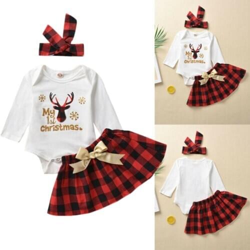 3pcs Kids Baby Girl My First Christmas Romper Long Sleeve Letter Print Top Knot Plaid Skirt Outfits Xmas Set