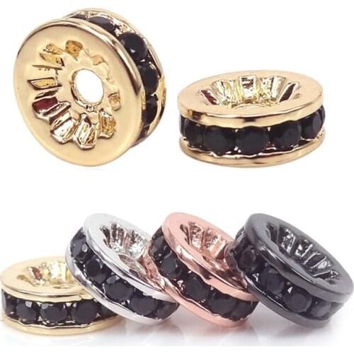 6mm 8mm Gold/Silver/Black/Rose Gold Color Spacer Metal Beads Rondelle Micro Pave Black CZ Zircon Loose Crystal Beads Jewelry