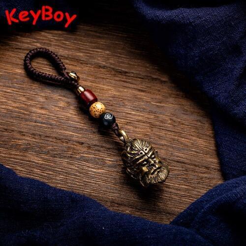Antique Copper Monkey King Sun Wu Kong Car Key Chain Pendant Braidea Rope Zodiac Animal Keychain Hanging Trinket Vintage Keyring