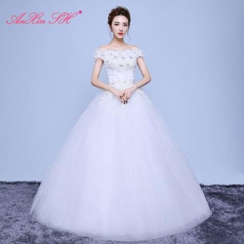 AXJFU princess little flower lace white wedding dress vintage party boat neck beading crystal red rose wedding dress