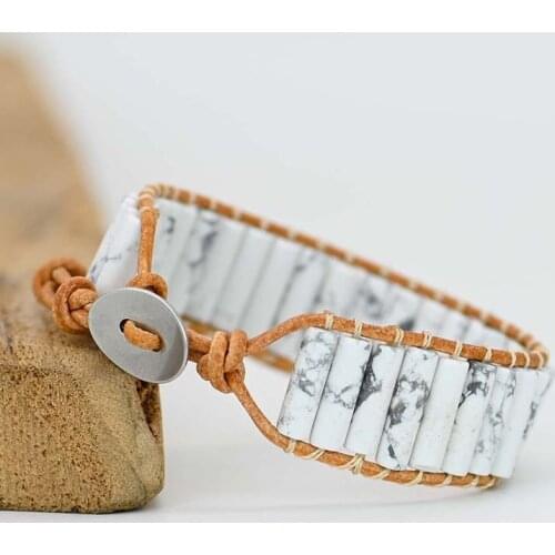 4Unik Howlite Tube Cuff Bracelet Healing Stone Wrap Bracelet Handmade Bohemian Weaving Stone Strand Bracelet Dropship Jewelry