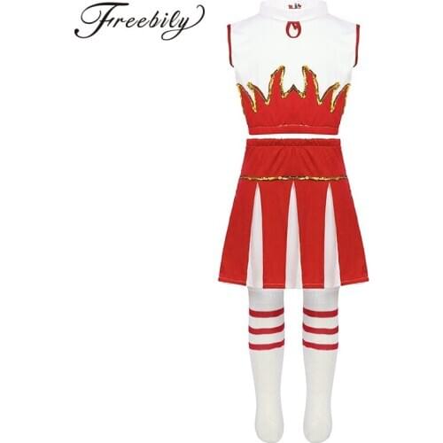 Kids Teens Hip-hop Jazz Stage Dance Costume Girls Crop Top with Skirt Socks Set Child Street Dancing Cheerleader Costumes