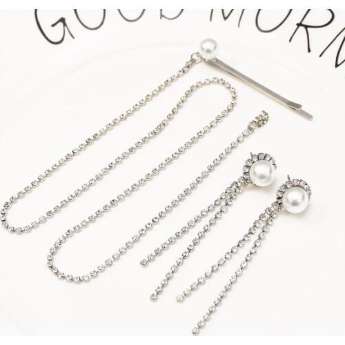 Elegant Rhinestone Long Tassel Drop Earrings for Women Bridal With Hair Clip Cocktail Simulated Pearl Party pendientes Jewelry
