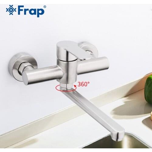 Frap Wall Mounted Kitchen Faucets 304 Stainless Steel Rotate Basin Taps Sink Faucet Double Holes Hot & Cold Water Mixers Y40086