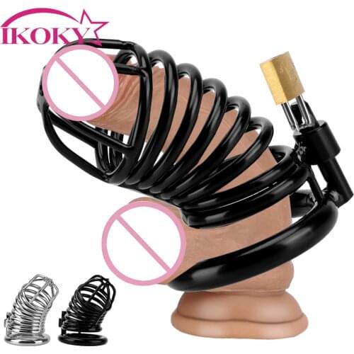 IKOKY Male Chastity Device Adult Games Penis Ring Sex Toy For Men Cock Lock Restraint Ring Belt Bird Metal Cage Stainless Steel