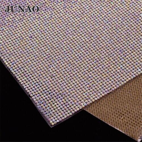 JUNAO 24x40cm Glass Crystal AB Rhinestones Mesh Banding Hotfix Glitter Strass Ribbon for DIY Car Decorative Stickers Sheets