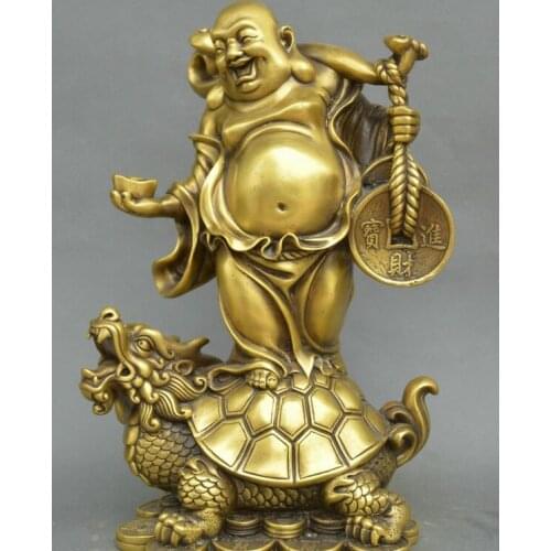 China Tibet Buddhism old bronze smile Maitreya Buddha money Dragon turtle statue