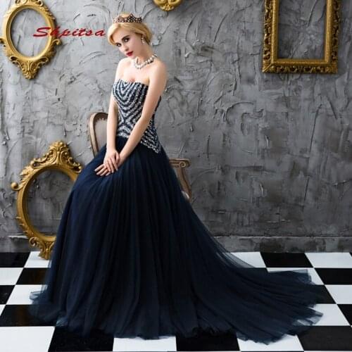 Beautiful Long Evening Dresses Party Navy Blue Crystal Beaded A Line Luxury Sexy Women Girl Prom Formal Evening Gowns Dresses