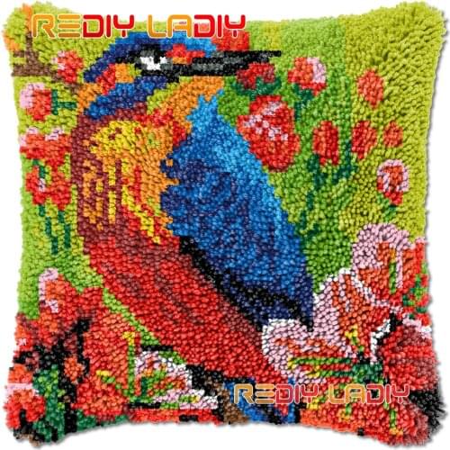Latch Hook Cushion Bird in Flowers DIY Needlepoint Kits Chunky Acrylic Yarn Arts Crocheting Lofty Pillow Case Hobby & Crafts