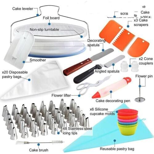 90Pcs Cake Turntable Stainless Steel Cake Tips Baking Supplies Pastry Bags Cake Leveler Cupcake Kits Icing Spatula for Beginners