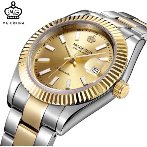 New Mechanical Watches Men Stainless Steel 316L MG.ORKINA Gold Automatic Self Winding Mens Watches Reloj Hombre Erkek Kol Saati