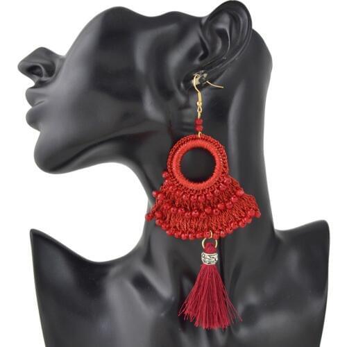Ethnic Handmade Hoop Beaded Thread Tassel Drop Earrings Jewelry Accessories