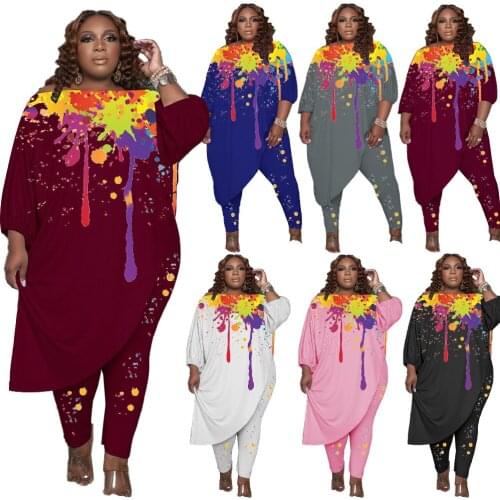 Plus Size Loose Tracksuit Splash ink Printed Asymmetric 2 Pieces Sets Women Long Top + Skinny Pants 2021 Streetwear XL-5XL