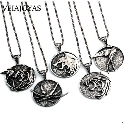 Now Game Wizard 3 Statement Necklace Fashion Jewelry Wild Hunt Wolf Head Medallion Pendant Necklace Men Gift Metal Long Necklace
