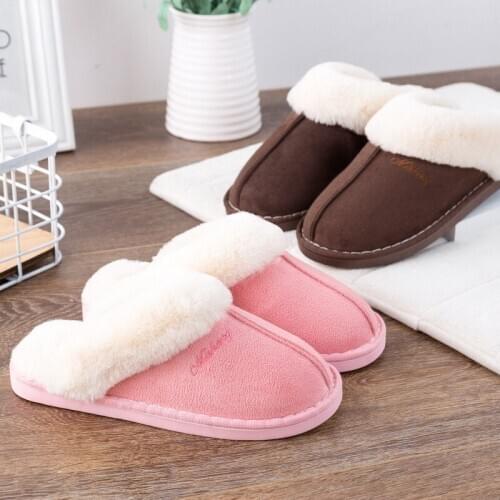 2020 Luxury Faux Suede Home Women Full Fur Slippers Winter Warm Plush Bedroom Non-slip Couples Shoes Indoor Ladies Furry Slipper