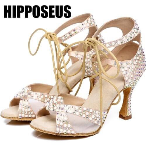 Hipposeus Women Dance-Shoes For Girls Ladies Ballroom Latin Modern Tango Dancing Shoe With Rhinestone Salsa Sandrals Dropshiping