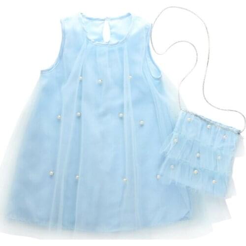 Princess Kids Baby Girl Party Dress Pearl Tulle Sundress Blue Mesh