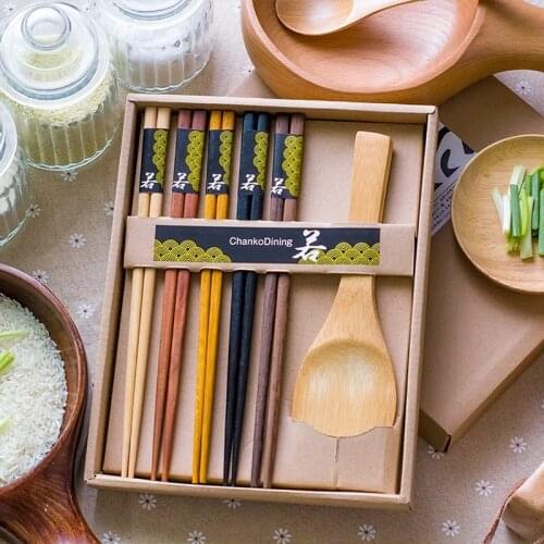 Japanese high-grade five-color mixed gift chopsticks 5 pairs of non-slip anti-scald stainless steel 304 point drill chopsticks