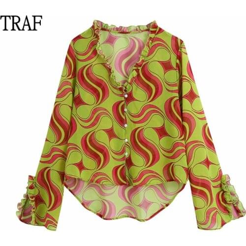 TRAF Top Women Blouse Za 2021 Green Print Long Sleeve Chiffon Shirt Vintage Ruffle Asymmetric Hem Chic Top Casual Summer Blouses