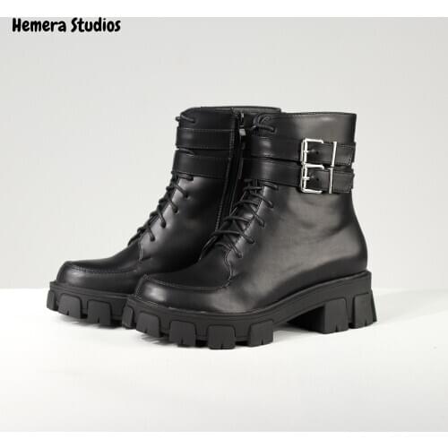 Hemera Studios platform ankle boots Women 2020 inverno with buckles punk style military boots with heel in black patent leather