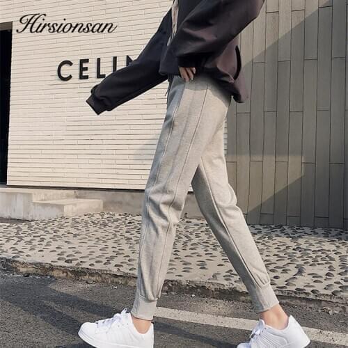 Hirsionsan Straight Woolen Mid Waist Pants Women Winter Thicken Broadcloth Harlan Trousers Slim Ankle-Length Gray Sweatpants