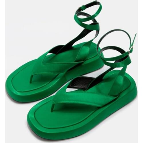 Flat Platfotm Sandals Women 2021 Summer Bohemian Beach Flip Flops Flats Sandalias Mujer Ankle-wrap Gladiator Sandals Shoes Green