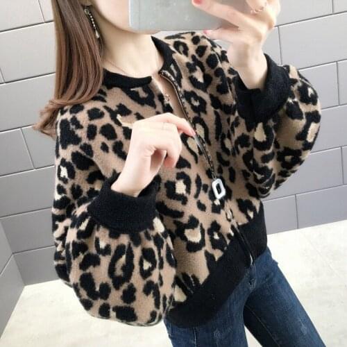 2021 new leopard print short Korean zipper bat knit sweater cardigan jacket women autumn and winter all-match