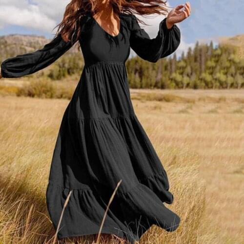 Feelycc Plus Size Bohemian Sundress Women Puff Sleeve Long Plain Maxi Dress Sexy V neck Casual Loose Patchwork Dress Beach Robe