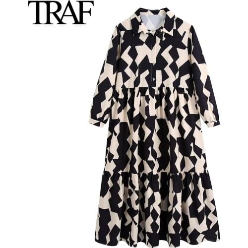 Traf Za Women Clothing Fashion 2021 Print Vintage Dresses Loose Button Big Shirt Dress Long Maxi Dress Female Robe Mujer