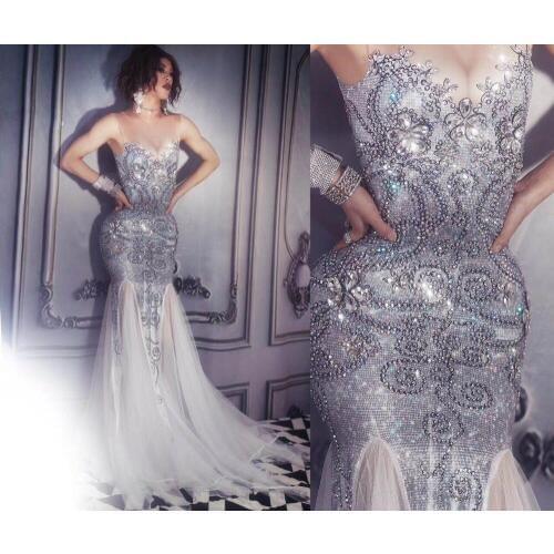 Women New Sparkly Silver Dress Sexy Rhinestones See Through Clothes Nightclub Singer White Trailing Dress Birthday Celebrate