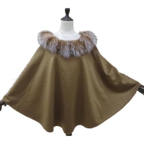 Winter Cashmere Shawl Wraps Womens Real Fox Fur Collar Poncho Party Cloak Female Wool Long Cape Coat/4Colors