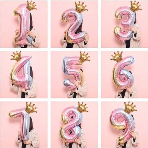 2 PCS/Lot 30 Inch Pink Rose Gold Gradient Number Foil Balloons Crown Digit Air Balloon Kids Birthday Party Wild One Decor
