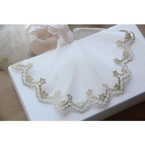 2 Yards Lace Trim Off White Tulle Gold Star Embroidered Tulle Lace 2.9" Width, Cheap
