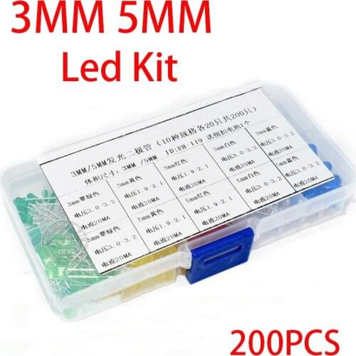 200PC 3MM 5MM each 20pcs Led Kit Mixed Color Red Green Yellow Blue White Light Emitting Diode Assortment with free Box