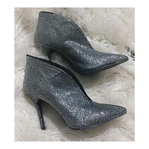 2019 Sexy Deep V Designer Solid Heeled Women High Heel Crystal Ankle Boots Autumn Winter Pointed Toe High Heels Short Boot