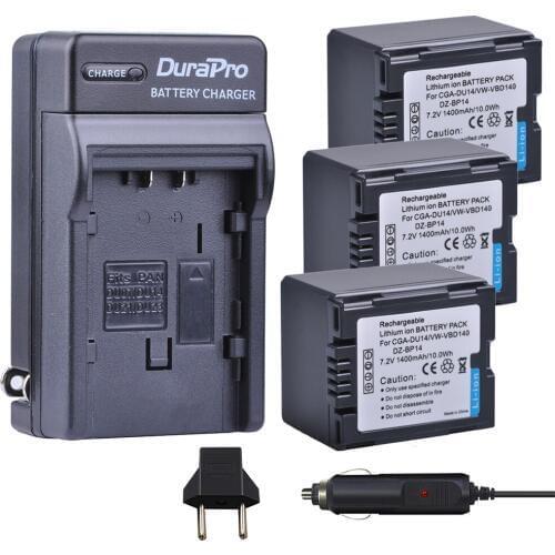 3pc CGA-DU14 VW-VBD140 DZ-BP14 CGA DU14 Li-ion Battery +Car Charger For Panasonic DU06 DU07 NV-GS10 VDR-M70/M50 NV-GS10 CGA-DU12